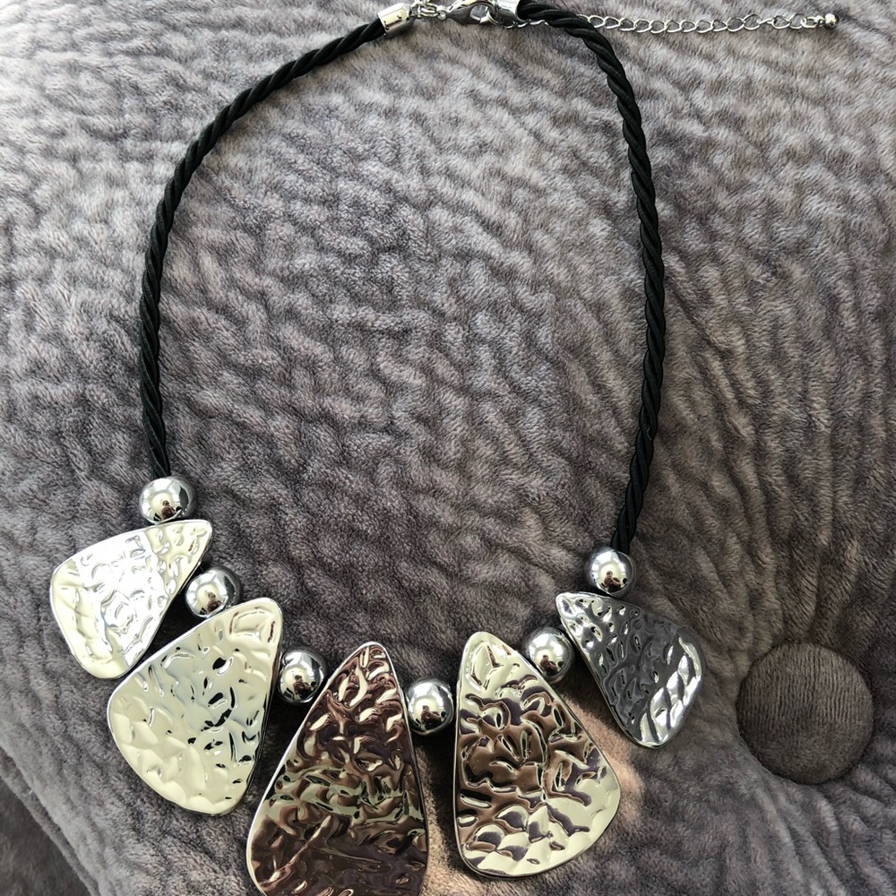 Gorgeous Hammered Silver with Black Rope Necklace